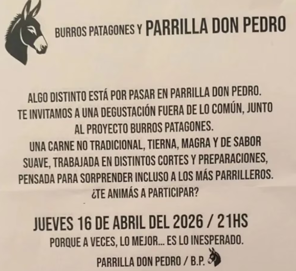 Anuncio de una parrillada de Trelew, en la Patagonia argentina, que este jueves 16 de abril hará degustación de una parrillada con carne de burro.